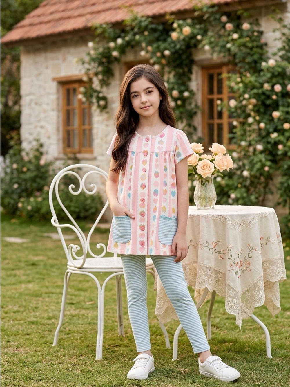 SweetHoney Girls' Pink Heart Print Tunic & Stripe Leggings Set Size 10 EUC